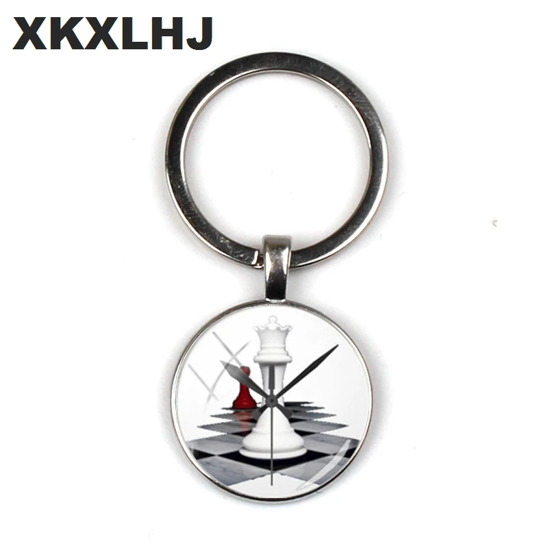 

XKXLHJ International Chess Keychains Checkerboard Chess Pieces Glass Dome Pendant Bag Car Key Chain Ring Chess Lovers Gift