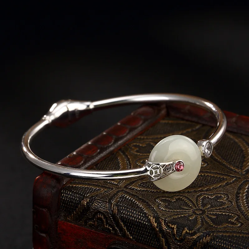 Real 925 Sterling Silver Cuff Bangle With Jade Peace Buckle Natural Gemstone Bracelets &amp Bangles Shifting Lucky And | Украшения и