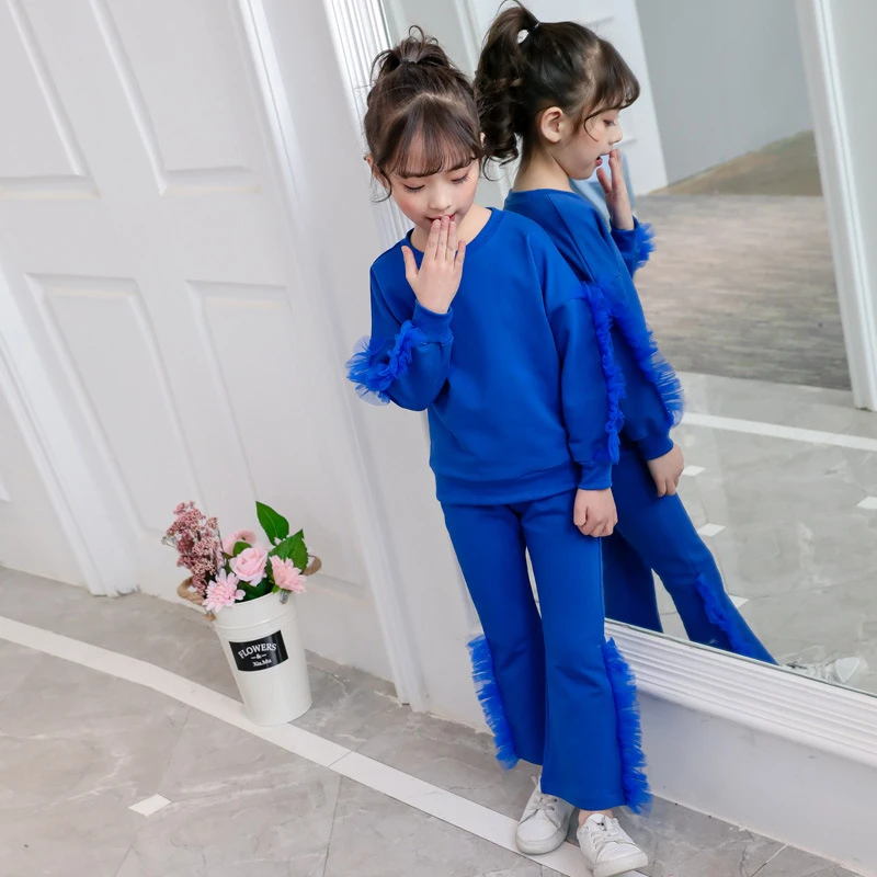 Спортивные топы для детей комбинированный кружевной свитер с длинными рукавами