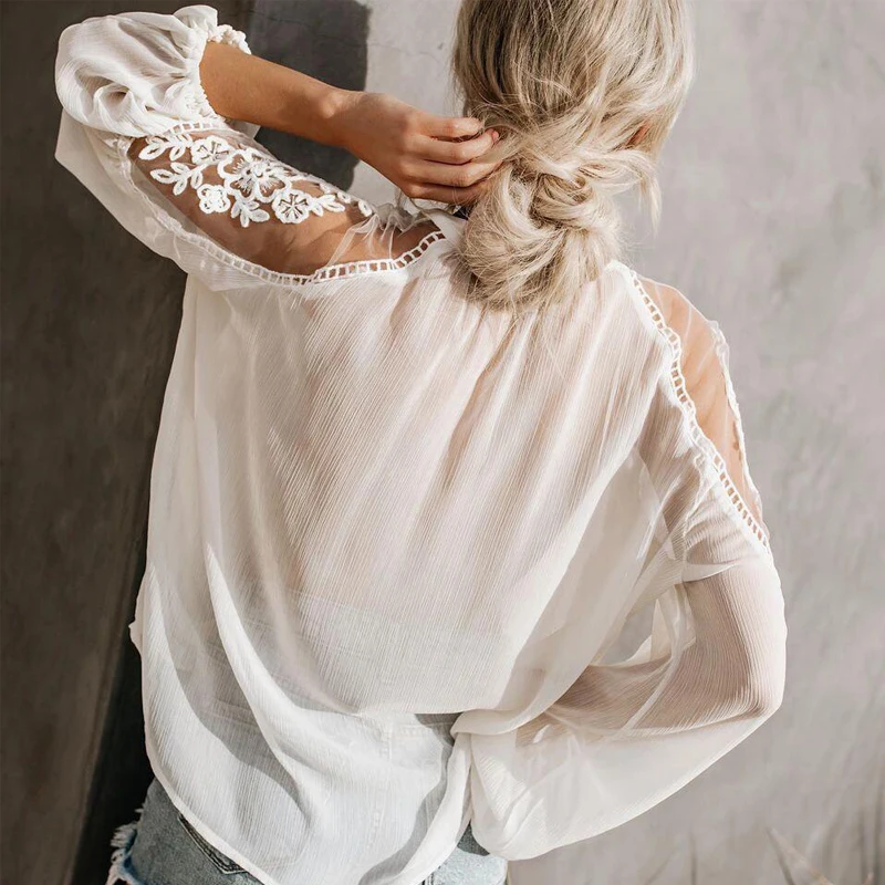 Женская кружевная блузка Boho свободная с рукавом фонариком из шифона BS335|Блузки| |