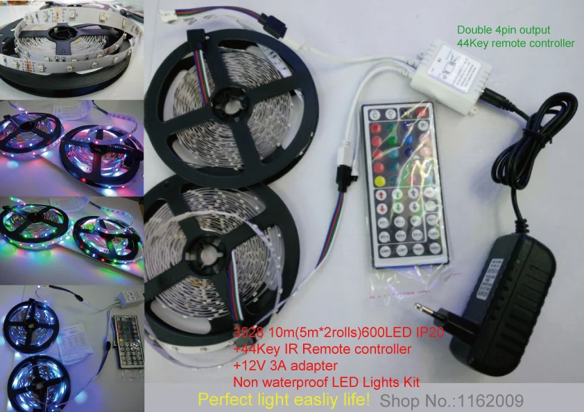 

10m 2835 RGB Led Strip Light SMD 5M*2 600Leds Flexible Strips,nowaterproof + 44 key ir Remote Controller +DC 3A 12V adapter kit