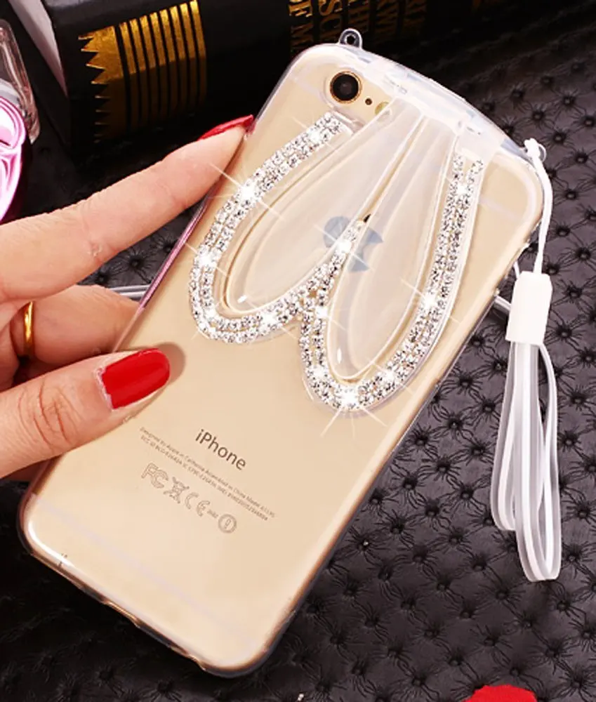 Чехол с милым 3d кроликом из силиконовой резины со стразами и заячьими ушками