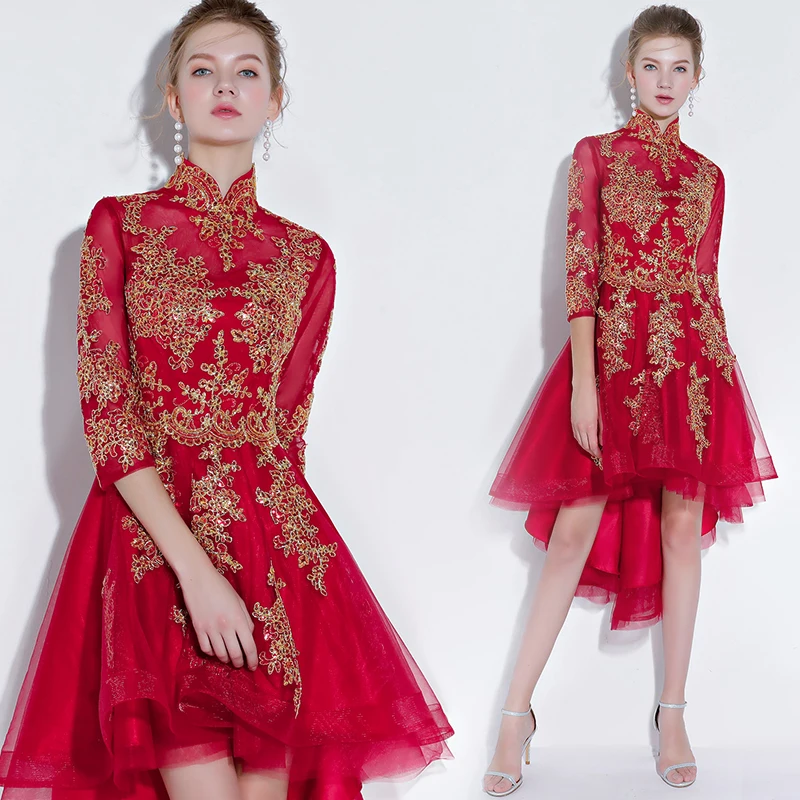 Robe De Soiree 2018 новый красный банкет Половина рукава спереди короткий сзади длинный