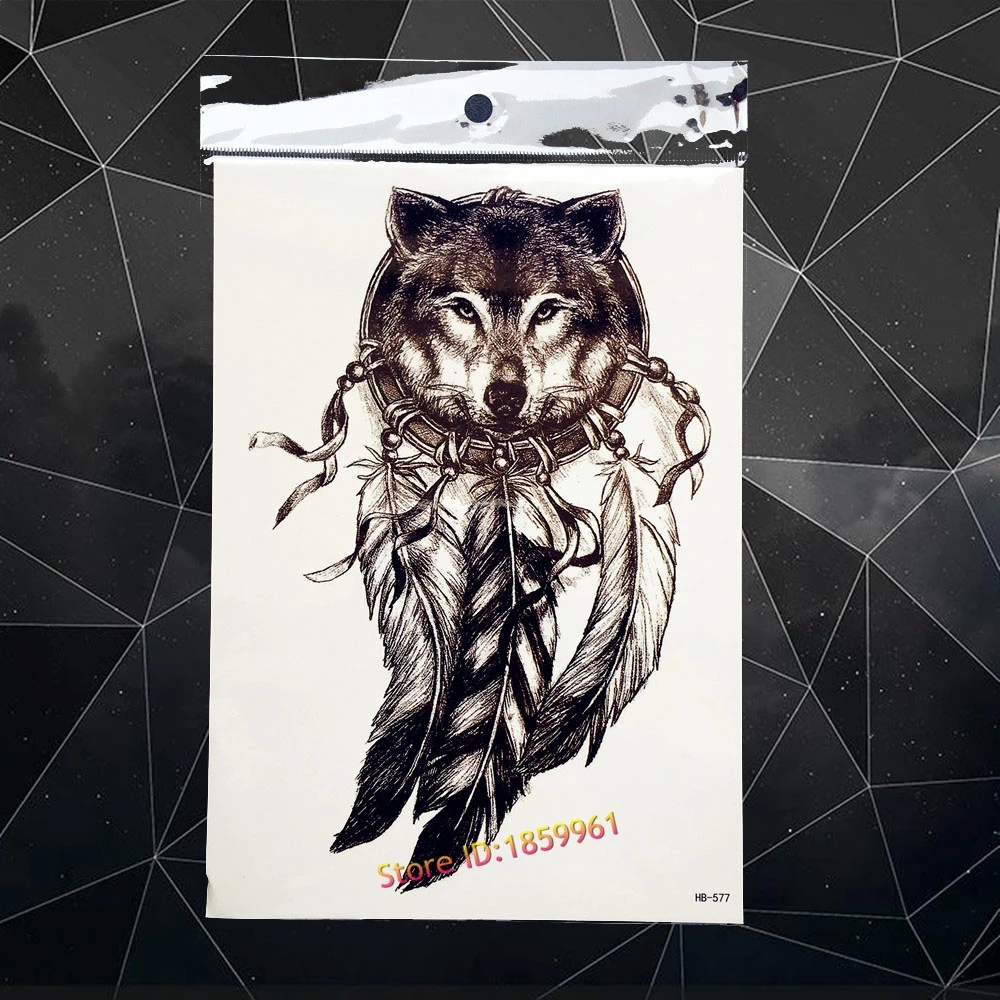 Dreamcatcher Feather Temporary Tattoo Women Body Art Fake Tatoo Arm Big Dream Catcher Wolf Waterproof Black Flash Sticker | Красота и
