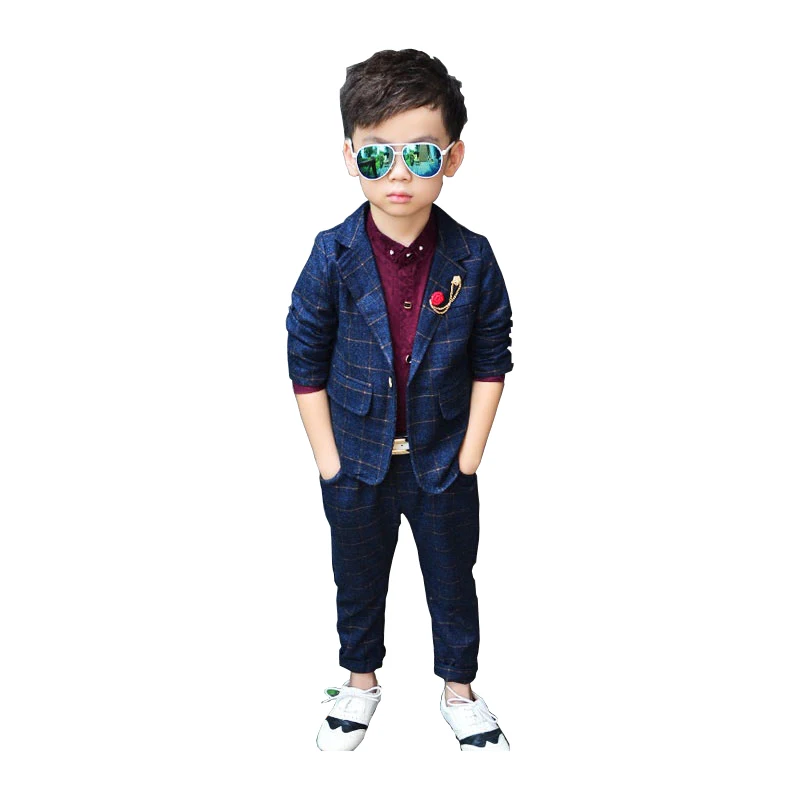 

Boys 2Pcs Plaid Formal Wedding Suit England Style Boys Brooch Blazers Kids Tuxedos Boys Spring Clothing Set