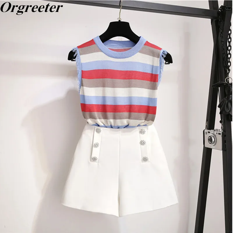 Tops and Shorts set Летний вязаный свитер, Женский комплект 2 шт., круглый вырез, кисточка, без рукавов, полосатый топ на бретелях и широкие шорты с блестящими пуговицами, студенческий комплект - Цвет: Tops and Shorts set