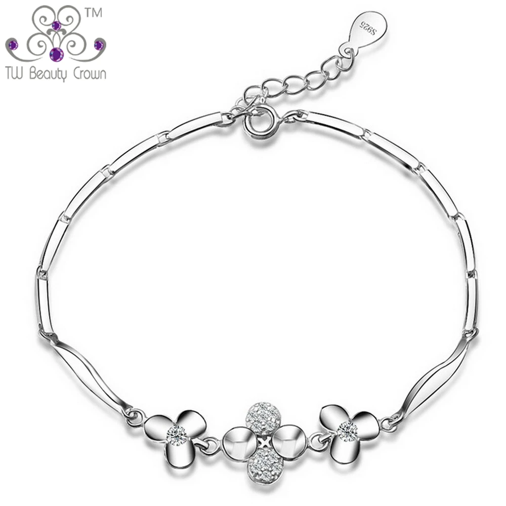 

Wholesale 3 Pcs/Lot Real 925 Pure Silver 4 Four-Leaf Clover Flower Women Cubic Zirconia Chain & Link Bracelet Fashion Jewelry