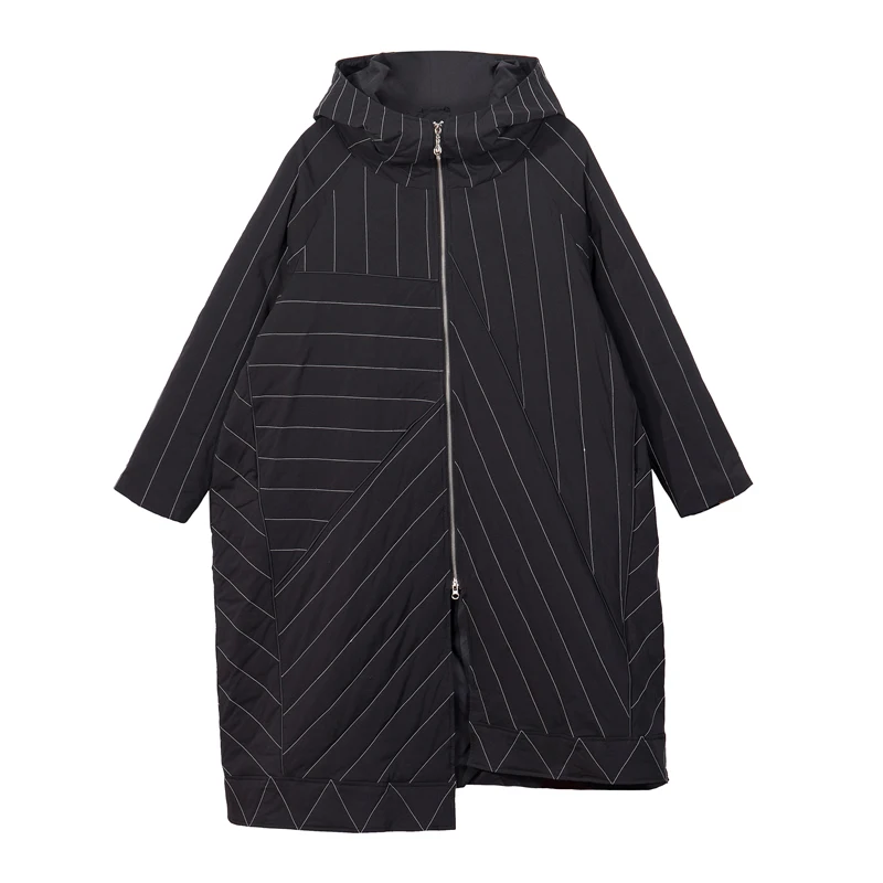 Зазор- женский неправильного размера плюс черно-белые линии Повседневная сплайсинга молния длинный модный Свободный пуховик