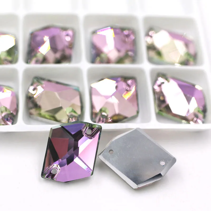 Purple light Новинка, 13x17 мм, Шестигранная форма, мокко, двойное отверстие, стекло, кристалл, пришивные стразы с плоской задней стороной, для одежды, свадебные украшения - Цвет: Purple light