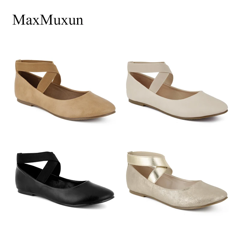 Балетки MaxMuxun женские с ремешком на щиколотке черные мягкие туфли плоской подошве
