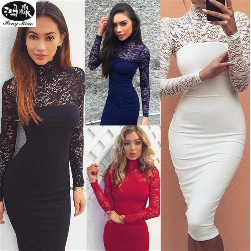 

2018 Spring Summer New Dresses Women Long Sleeve Lace Sexy Elegant Slim Dress Ladies Party Dress Vestido