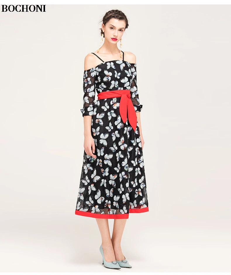 Один шеей с вышитыми бабочками строчки контрастного платье | Женская одежда