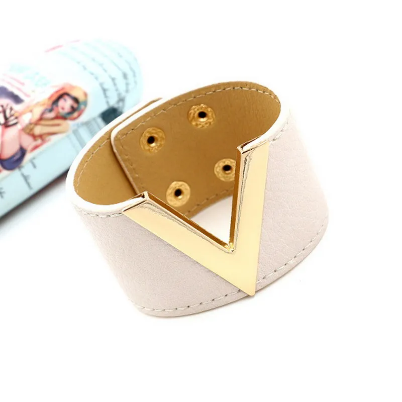 Женский широкий кожаный браслет с V образным вырезом|Браслеты| |