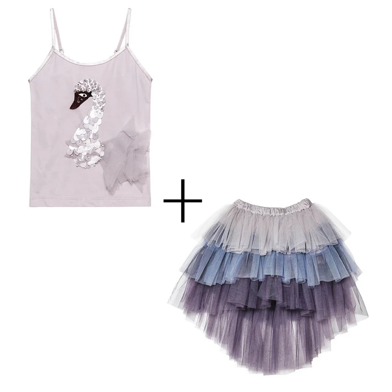 two pieces set Костюмы-пачки с блестками и рисунком лебедя для маленьких девочек; пышная юбка-пачка на бретельках и градиентной расцветке; комплекты из 2 предметов; комплекты для девочек - Цвет: two pieces set