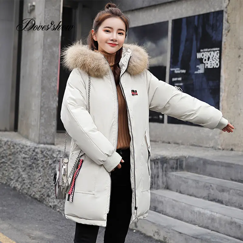 С капюшоном эластичный меховой воротник аппликации зимнее пуховое пальто куртка Толстая теплая тонкая женская Casaco Feminino Abrigos Mujer Invierno верхняя одежда - Цвет: BEIGE