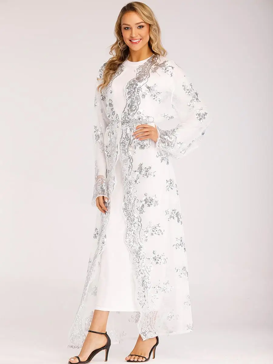 Роскошное кимоно с блестками для женщин abaya Дубай молитва открытый передний кафтан мусульманский с длинным рукавом Кардиган Платье Рамадан халат арабское