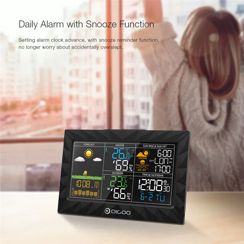 DIGOO DG TH8988 Метеостанция Тонкий геометрический дизайн Sunrise Sunset дисплей термометр