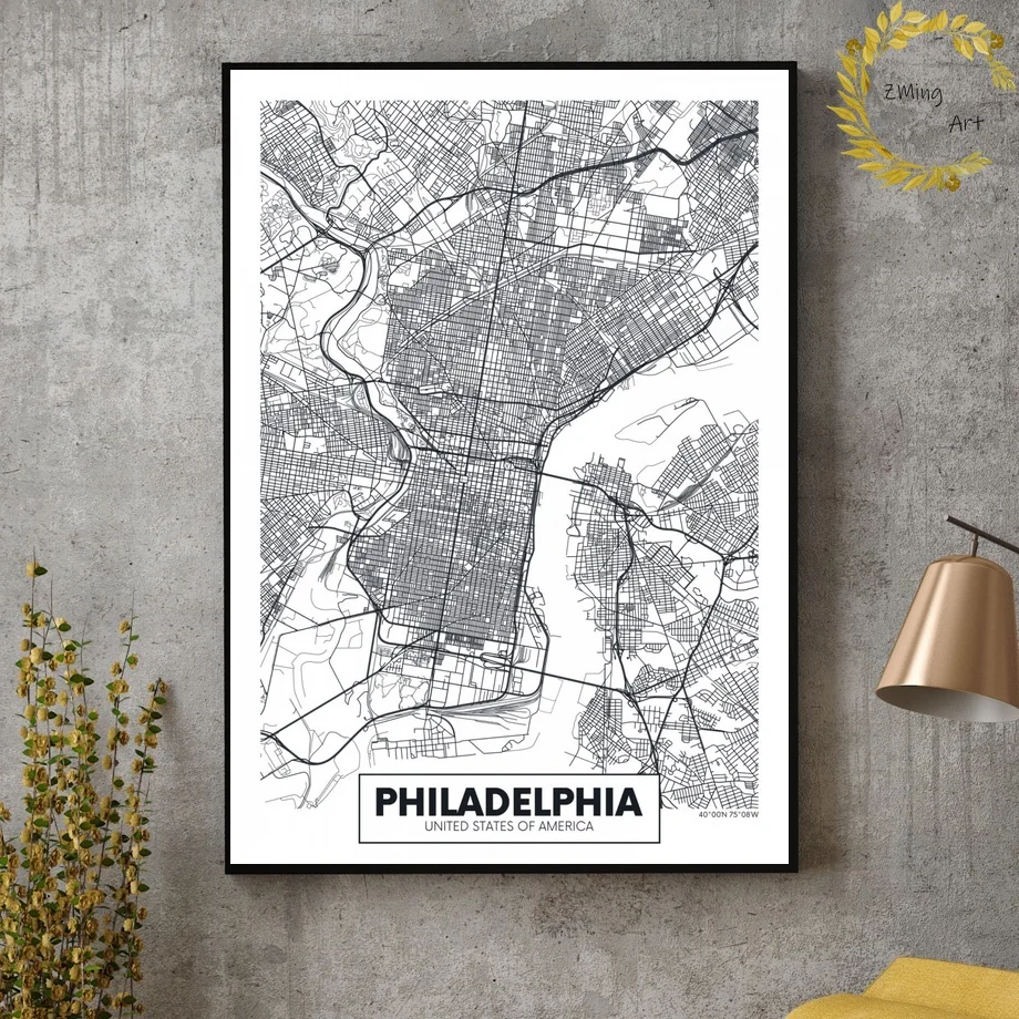 США Атланта Бостон Лос-Анджелес Филадельфия карта Нью-Йорка белая холщовая