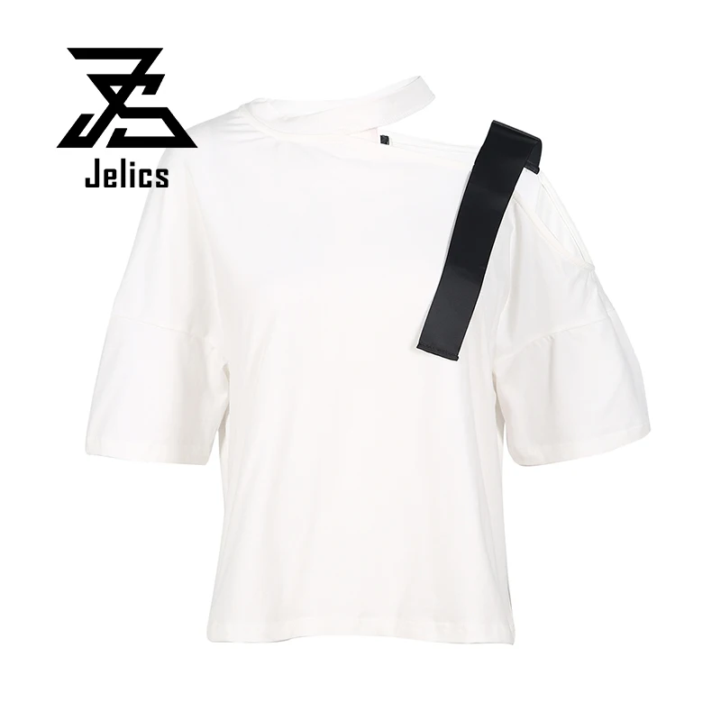 

Модная женская футболка Jelics, повседневные женские топы с коротким рукавом, белые, черные топы, облегающая женская футболка с вырезами на пле...