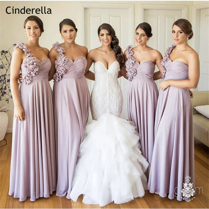 

Cinderella Lavender Hand Made Flower One Shoulder A-Line Chiffon Bridesmaid Dresses Long Cheap Wedding Party Bridesmaid Dresses