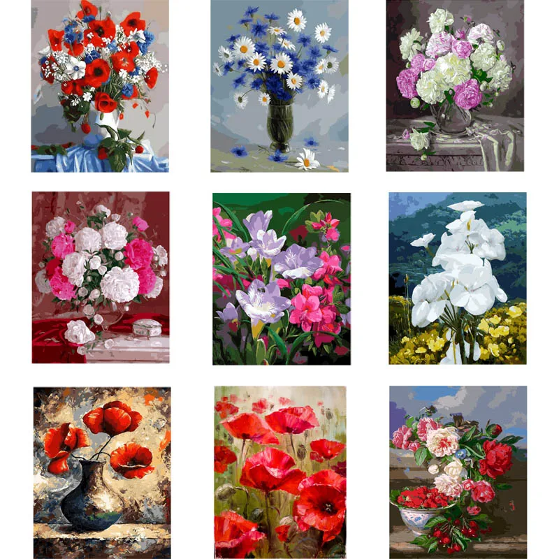 DIY oil painting paint by number canvas picture home wall decor red flowers drawing coloring craft numbers | Дом и сад