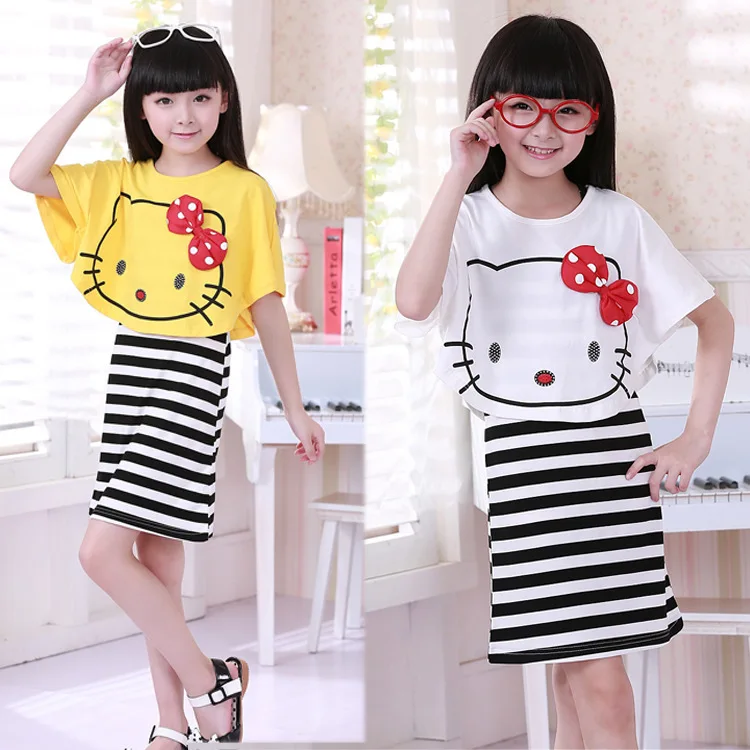 Комплекты одежды для девочек Футболка с принтом hello kitty + платье в полоску детская