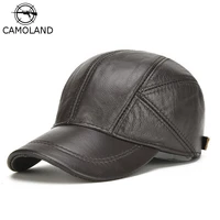 winter mens baseball caps real genuine cowhide leather baseball hats brand newsboy bone warm dad cap with earflap adjustable