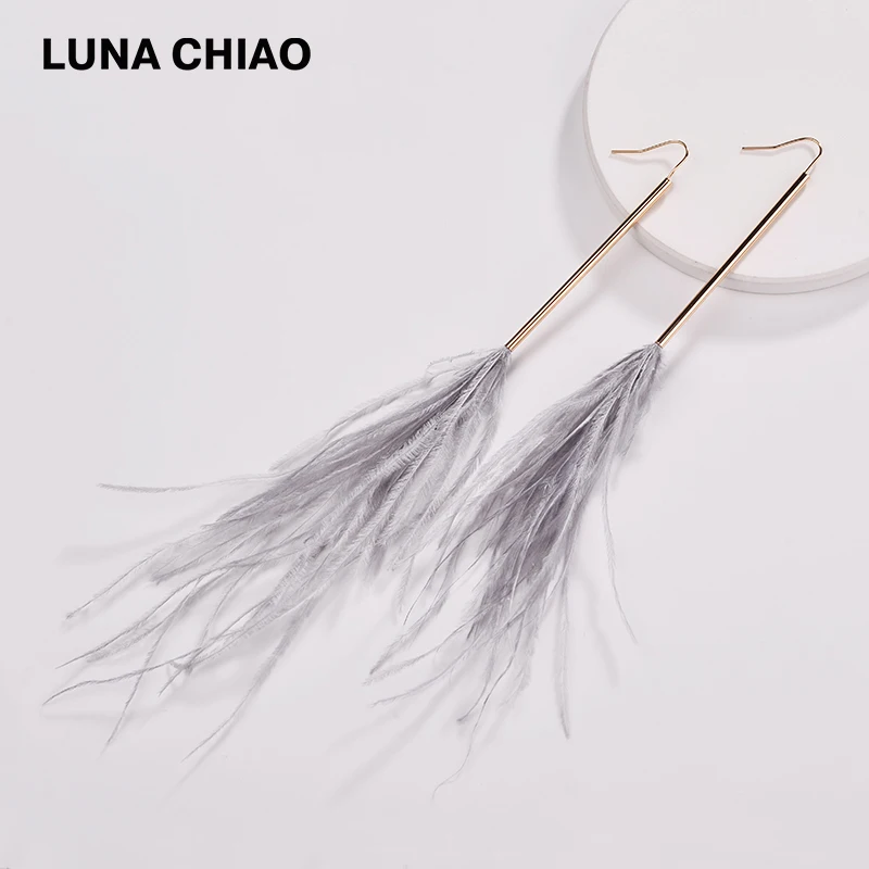 Женские длинные серьги кольца с перьями LUNA CHIAO 2018 перьями|Серьги-подвески| |