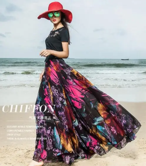 Женская шифоновая юбка с высокой талией зеленая макси винтажным принтом лето 2019 |