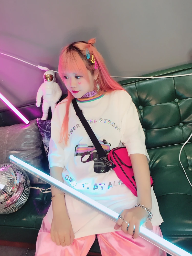 Ulzzang женская фиолетовая футболка с принтом лазерные буквы диско | Женская одежда