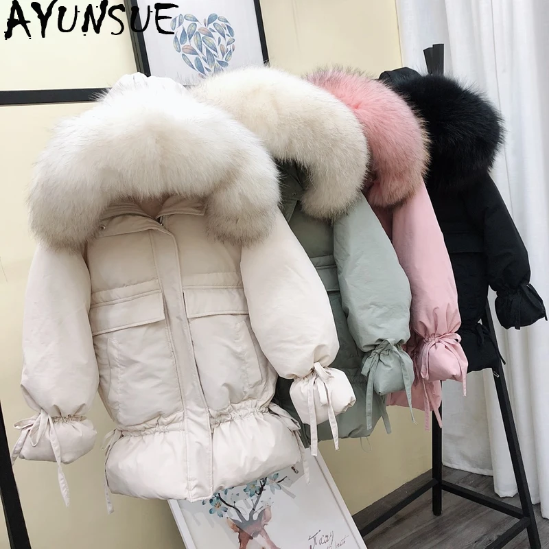 AYUNSUE зимняя куртка из утиного пуха женская с капюшоном рисунком лисы меховой