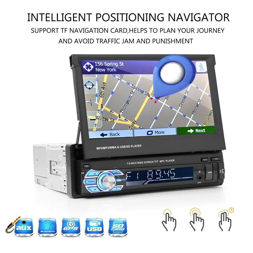 Onever 7&quot Retractable Autoradio GPS Bluetooth Navigation Car Stereo MP5 Player Touch Screen Support Hands-free Call Rear Camera |