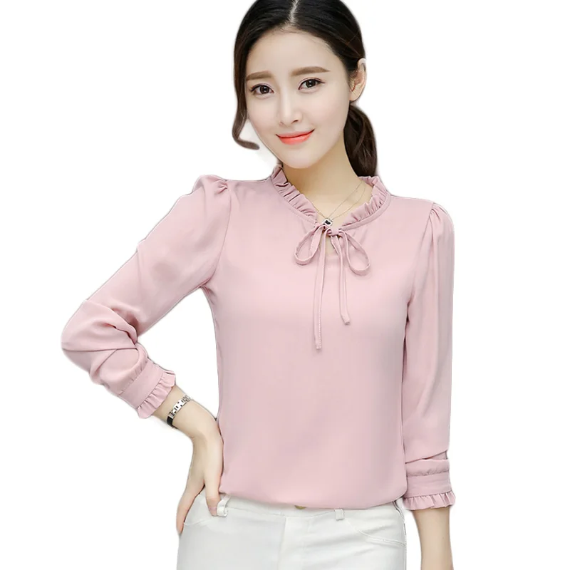 

2019 Spring New Blouses Elegant Bow Solid Fashion Collar Chiffon Casual Shirt Women Long-Sleeved Office Shirt Bottoming Top Q204