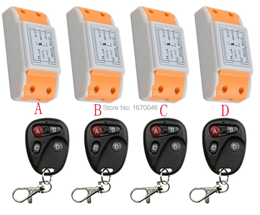 Беспроводной Радиоконтроллер AC220V 1CH, Радиочастотный пульт дистанционного управления, переключатель 315 МГц 433 МГц, 4 передатчика + 4 приемника