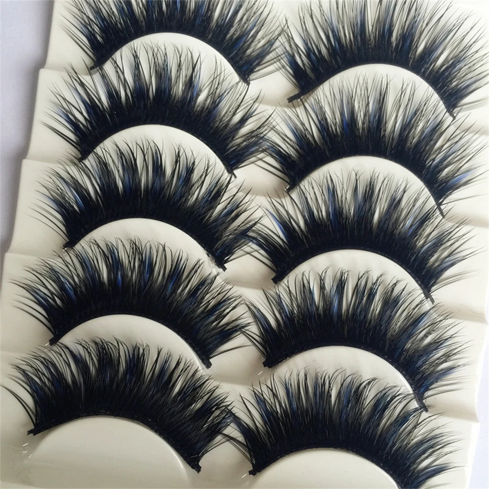 Fashion Double Color Blue+Black Soft Thick Cross Long False Eyelashes Eye Lashes Makeup Extension Tools 5 Pairs/lot | Красота и
