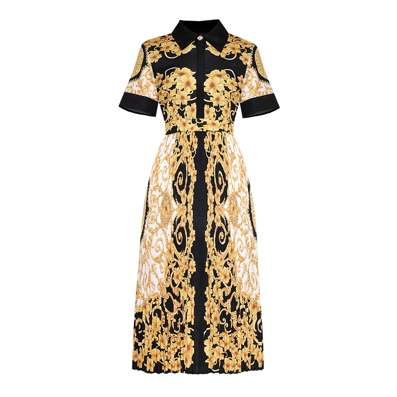 High Quality 2019 Summer Dress Women Vintage Floral Print Pleated Midi Female Dresses Party Holiday | Женская одежда