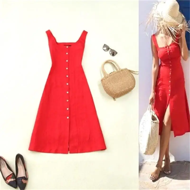 

Dress Women Summer New high quality Linen holiday wind retro waist long section was thin red vest dress women Dress