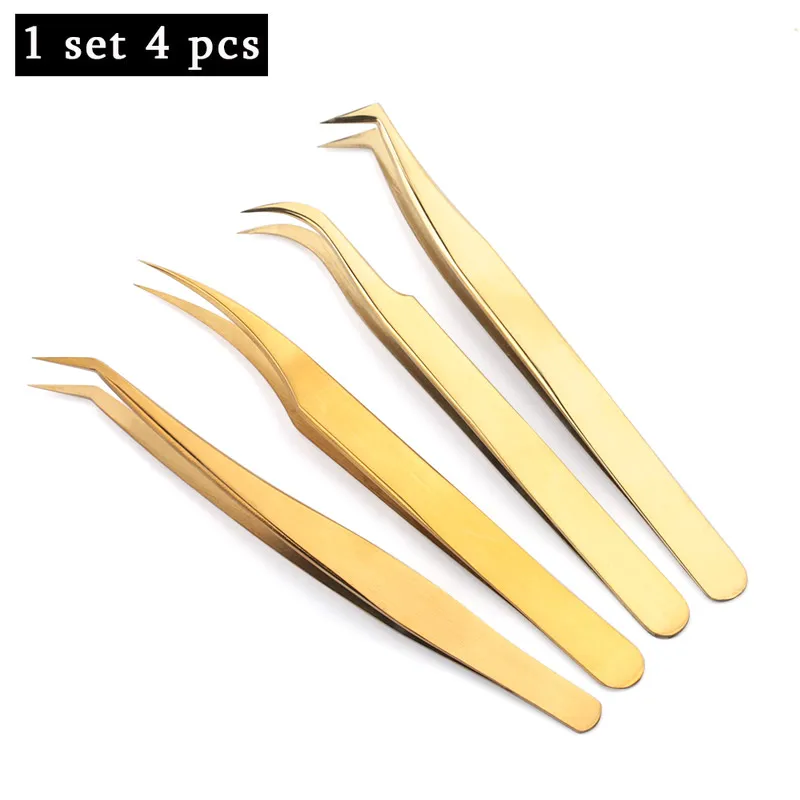 4pcs Gold Профессиональные пинцеты для ресниц, щипцы для наращивания ресниц из нержавеющей стали, высокоточные пинцеты для наращивания ресниц, набор - Цвет: 4pcs Gold