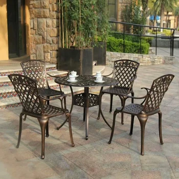 5-piece heavy duty cast aluminum round patio dining table set with 4 chairs high-back ,arm outdoor set
