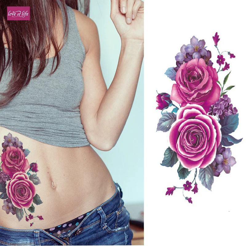 

1 piece Indian Arabic Fake Temporary Tattoo Stickers Purple Rose Flowers Arm Shoulder Leg Henna Flash Tattoo Waterproof