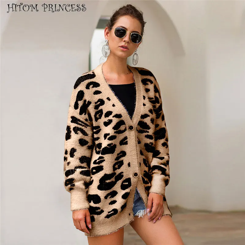 

HITOM PRINCESS Autumn Single-Breasted Cashmere Sweater Women Knitted Cardigan Warm Leopard Sweater Coat Outwear Female Jumper