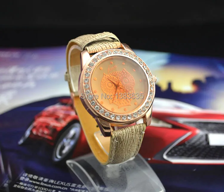 Leather watch roll 2014 wholesale fashion owl womens embed rhinestone Rose gold leather analog quartz free shipping|watch calendar|watch dualwatch