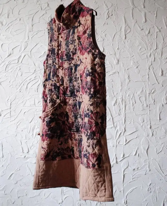 Асимметричное платье из хлопка и льна в китайском этническом винтажном стиле с