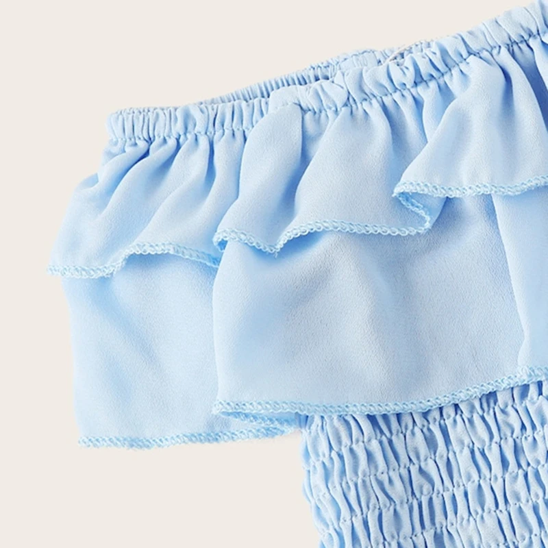 SHEIN Kiddie/футболка с оборками на плечах и шорты в полоску с поясом, комплекты года, летний праздничный пляжный костюм в стиле бохо