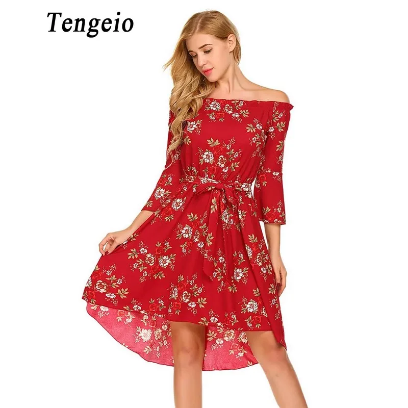 Tengeio Лето Для женщин Boho Цветочные с открытыми плечами платье 3/4 Flare рукавом