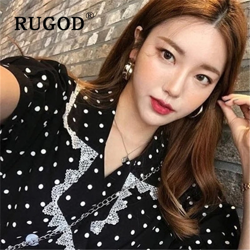 RUGOD Корейская женская блузка в горошек винтажная кружевная вставка рубашки