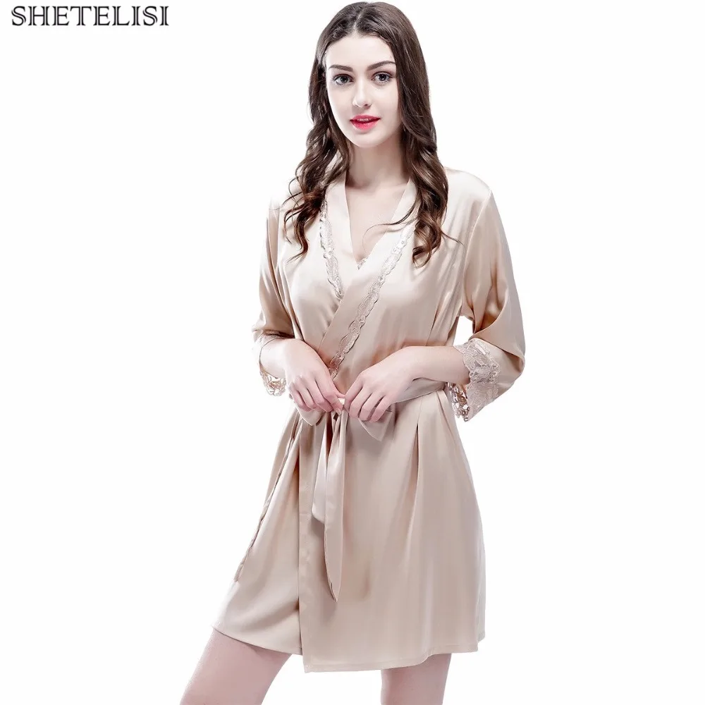 SHETELISI Новый однотонный атлас шифон Вышивка Кружева женский халат весна лето