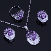 smooth flower purple cubic zirconia white cz silver plated jewelry sets earrings pendant chain ring v1001