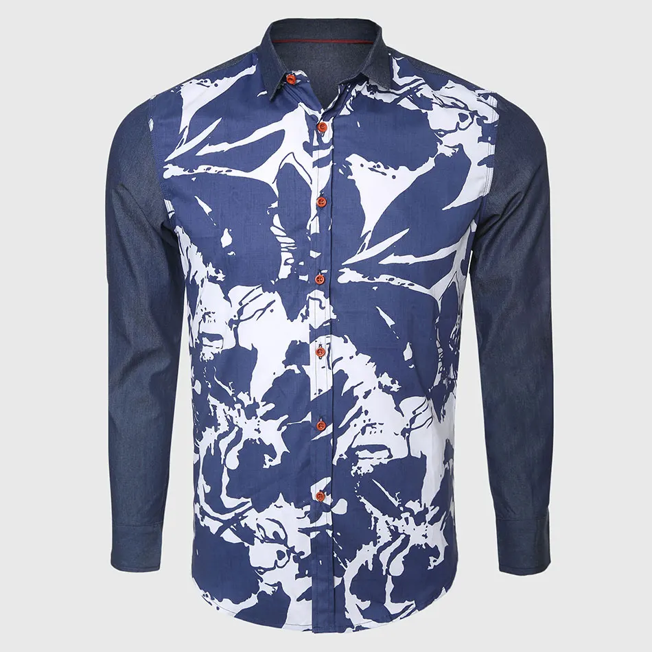 Белая темно-синяя рубашка с принтом мужские роскошные облегающие рубашки
