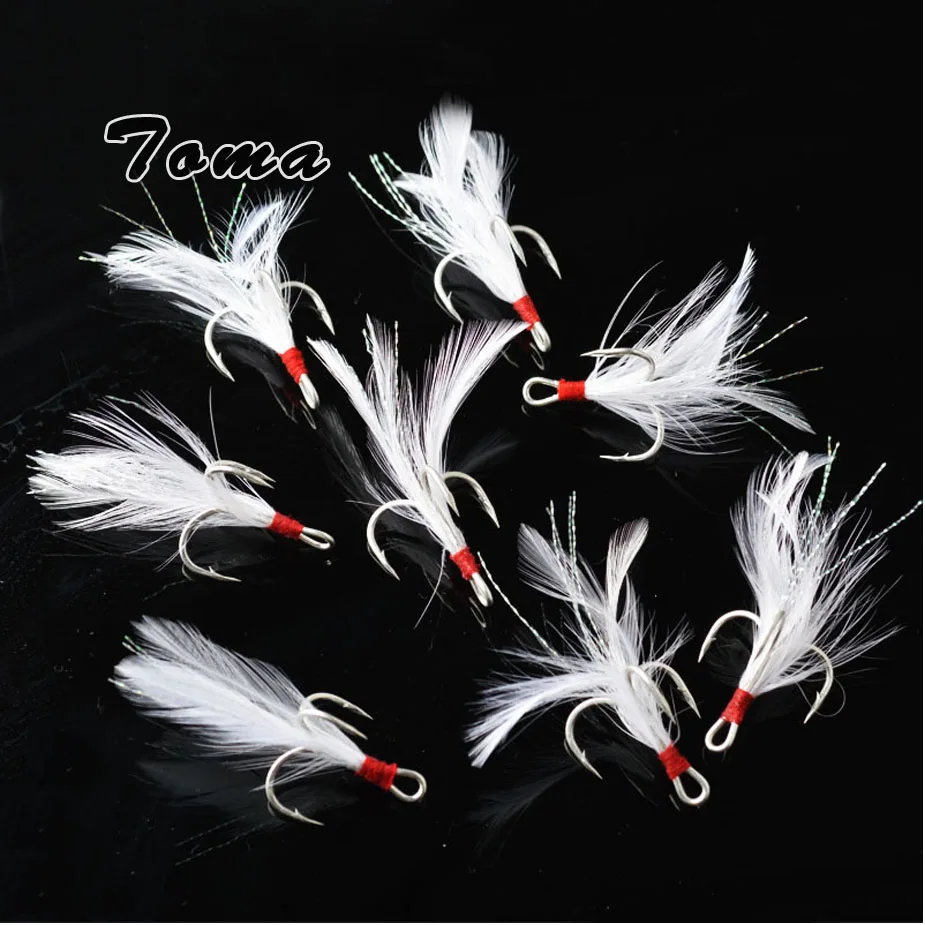 TOMA 10 шт. тройные Крючки с перьями рыболовные крючки из высокоуглеродистой стали